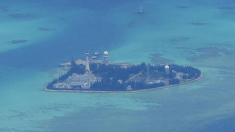 Chinese structures and buildings are seen on a man-made islet on Johnson reef in the South China Sea, March 20, 2022.