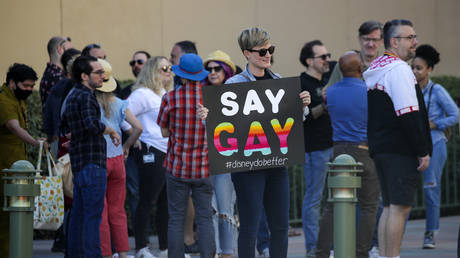 LGBTQ employees protesting CEO Bob Chapek's handling of the staff controversy over Florida's 'Don't Say Gay' bill, aka the 'Parental Rights in Education' bill walk out from Walt Disney Animation on Tuesday, March 22, 2022 in Burbank, CA. © Irfan Khan / Los Angeles Times via Getty Images
