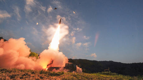 FILE PHOTO. South Korea's Hyunmoo II ballistic missile is fired during an exercise in 2017. ©South Korea Defense Ministry / NurPhoto via Getty Images