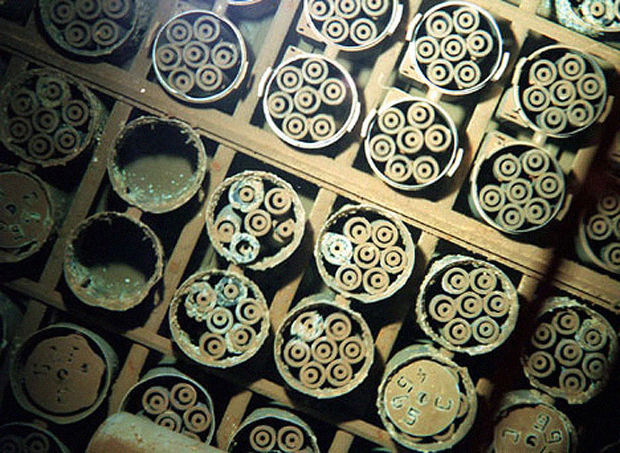 Uncapped fuel stored underwater in K-East Basin. This is spent nuclear fuel at the Hanford site. (Image from www.hanford.gov)