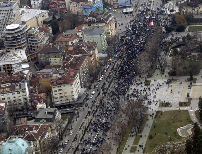 An aerial view shows demonstrators as they march during a protest against high utility bills and monopolies in the energy sector in Sofia February 24, 2013. (Reuters/Ivan Kalev/Sofia Photo Agency)