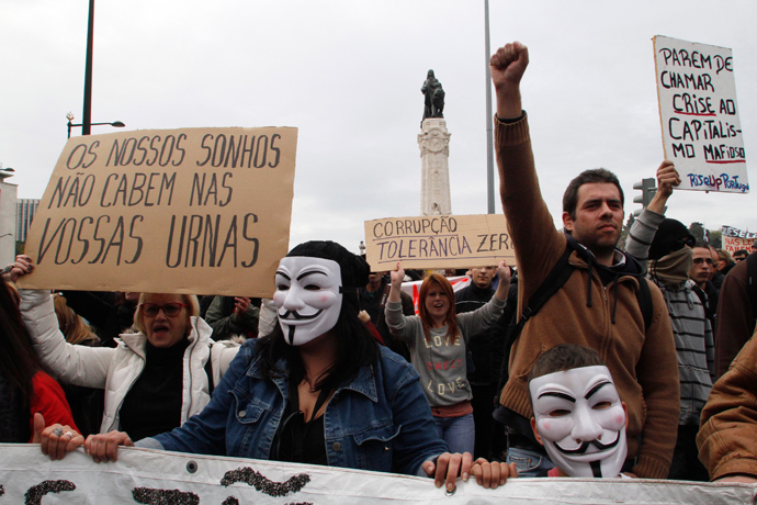 Demonstrators shout while taking part in a march against government austerity policies in Lisbon March 2, 2013 (Reuters / Hugo Correia)