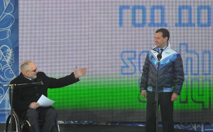 The International Paralympic Committee president, Sir Philip Craven, and Russiaâs Prime Minister, Dmitry Medvedev, at the Moscow's Red Square (RIA Novosti / Alexander Astafev)