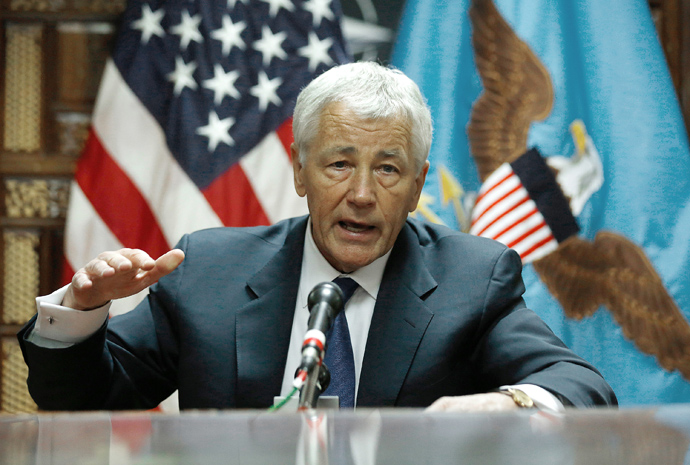 Chuck Hagel speaks to the press following his meeting with Afghanistan's President Hamid Karzai in Kabul on March 10, 2013 (AFP Photo / Jason Reed / Pool)