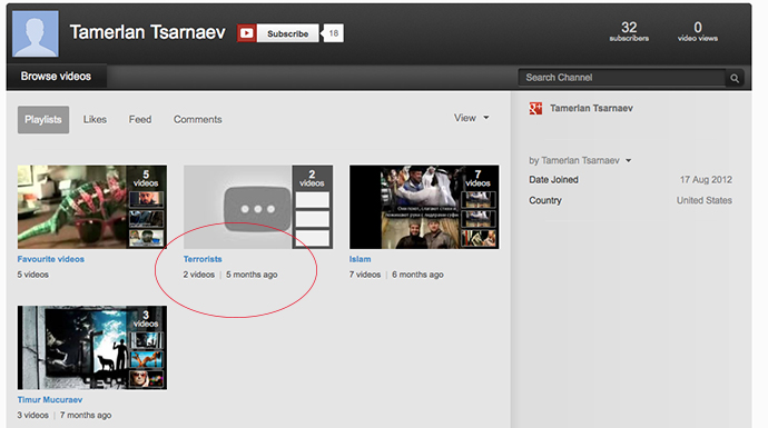 A screenshot from Tamerlan Tsarnaev's youtube.com account.