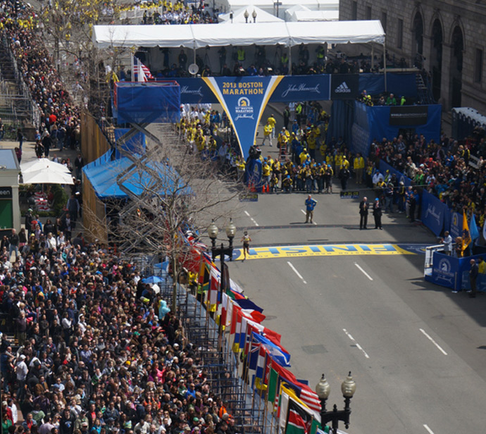 Photo taken by Aaron Tang 30 minutes before the Boston Marathon explosions from an office about half a block from the finish line. (Image from www.flickr.com/photos/hahatango/)