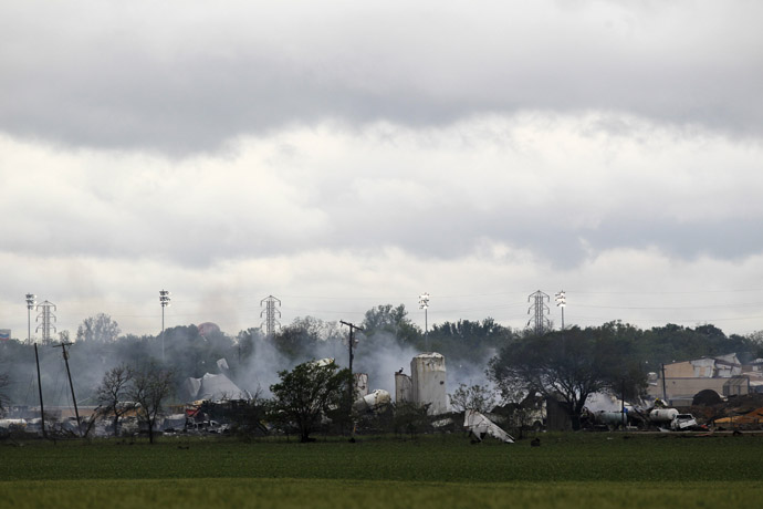 The remains of a fertilizer plant smolder after a massive explosion in the town of West, near Waco, Texas early April 18, 2013. (Reuters)