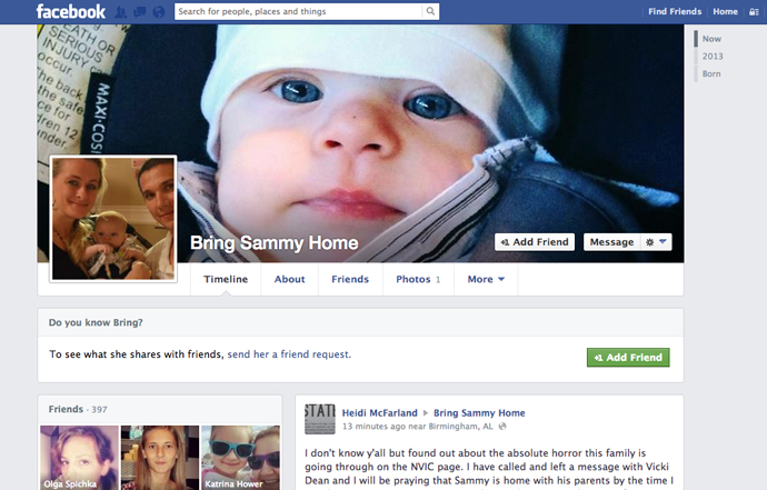 A screen shot from the facebook page Bring Sammy Home.