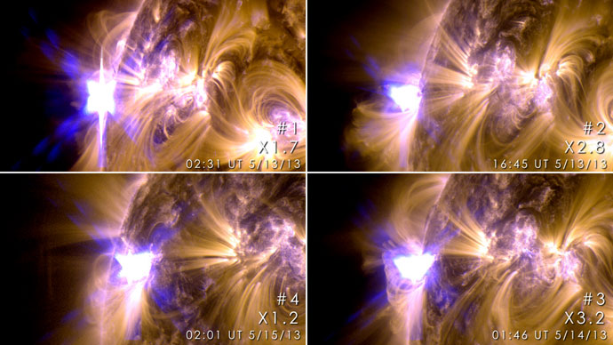 These images from NASAâs Solar Dynamics Observatory show four X-class flares emitted on May 12-14, 2013 â the first four X-class flares of 2013.Photo from nasa.gov
