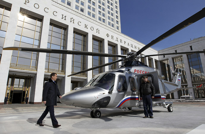 Russian Prime Minister Dmitry Medvedev on the helipad in front of the Russian Federation Government House in Moscow. (RIA Novosti/Ekaterina Shtukina)