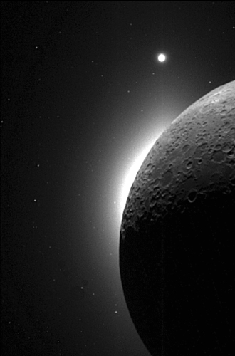 In this picture the moon is seen illuminated solely by light reflected from the Earth. (NASA Planetary Photojournal)