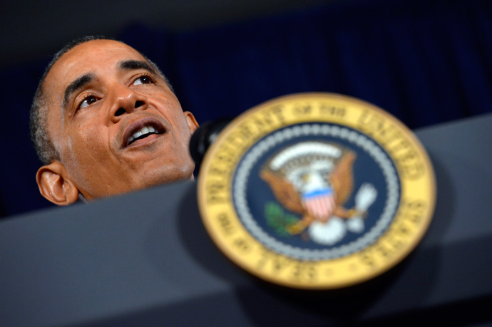US President Barack Obama makes a statement to reporters on the Affordable Care Act at Fairmont Hotel in San Jose, California, on June 7, 2013 (AFP Photo / Jewel Samad)