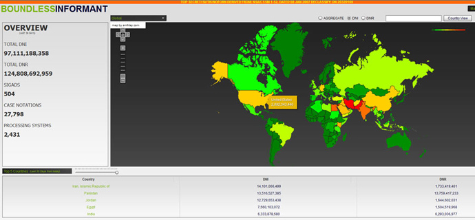 The map showing how much data is being collected in different countries across the globe (image from the Guardian)