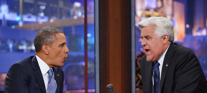 US President Barack Obama chats with host Jay Leno during a taping of âThe Tonight Show with Jay Lenoâ at NBC Studios on August 6, 2013 (AFP Photo / Mandel Ngan)