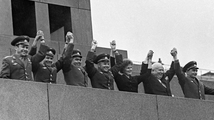 Left to right: Pavel Popovich, German Titov, Andriyan Nikolayev, Yuri Gagarin, Valentina Tereshkova, Nikita Khrushchev and Valery Bykovsky on the mausoleum rostrum at the meeting on success of the Vostok-5 and Vostok-6 space missions.(RIA Novosti / V. Malyshev)