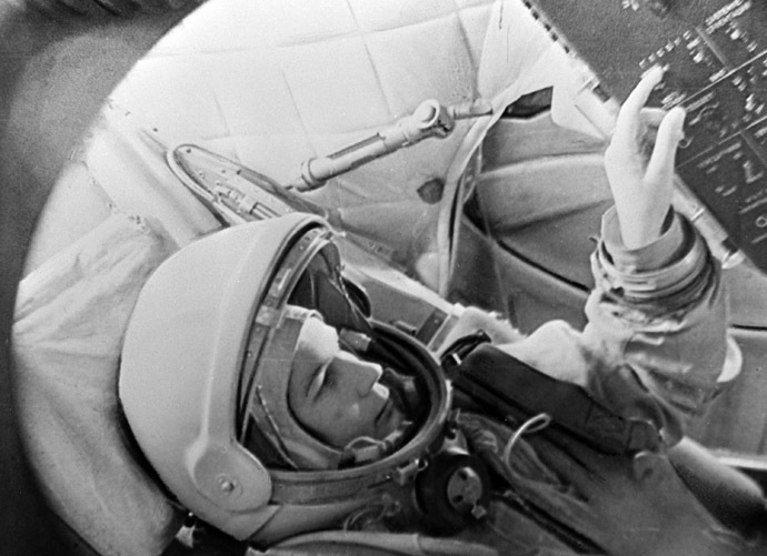Pilot-Cosmonaut Valentina Tereshkova inside Vostok spacecraft simulator. (RIA Novosti)