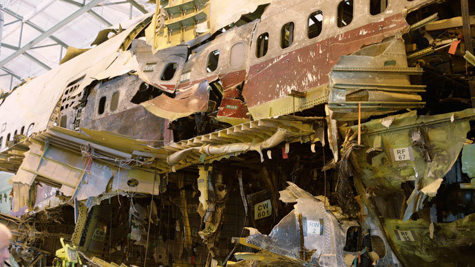 The remains of the TWA Flight 800 from New York to Paris that exploded off Long Island, New York, reassembled from recovered wreckage, shows the center fuel tank area on display at National Transportation Safety Board (NTSB) Training Facility in Ashburn, Virginia, July 16, 2008.(Reuters / Hyungwon Kang)