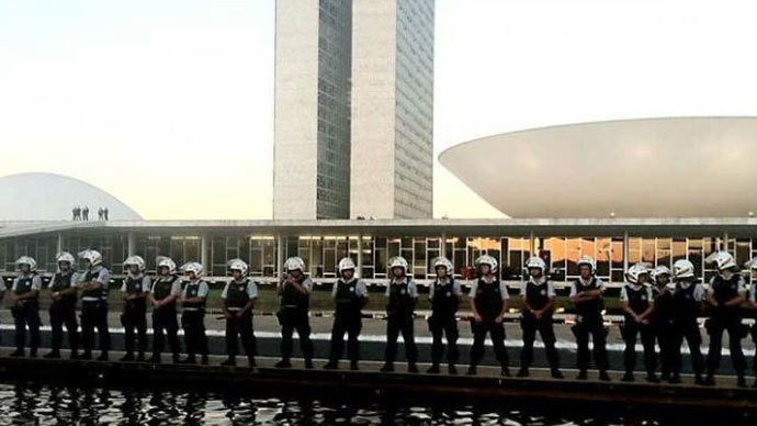 Police prepare for demonstrations in Brasilia Thursday evening (Photo courtesty of Mariana de Assis)
