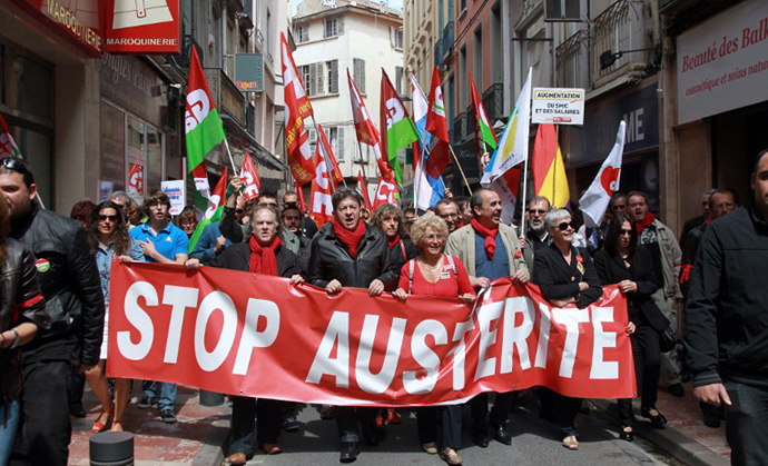 The co-president of the Left Party Jean Luc Melenchon marches on June 2, 2013 against austerity in the southwestern city of Perpignan. (AFP Photo / Raymond Roig)