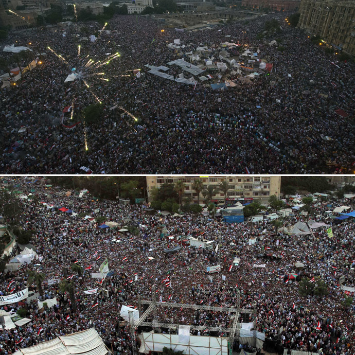 This combo image shows: Egyptian protesters calling for the ouster of President Mohamed Morsi (Top) and Egyptian supporters of President Mohamed Morsi (Bottom) (AFP Photo)