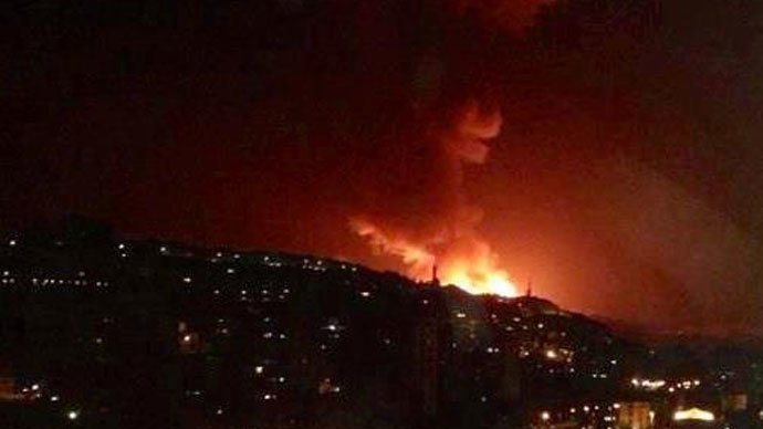 Photo reportedly showing the explosions hitting Damascus suburb of Jamraya on May 3