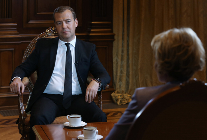 Russian Prime Minister Dmitry Medvedev at the Gorki residence outside Moscow, during an interview for the Russia Today TV channel (RIA Novosti / Ekaterina Shtukina)
