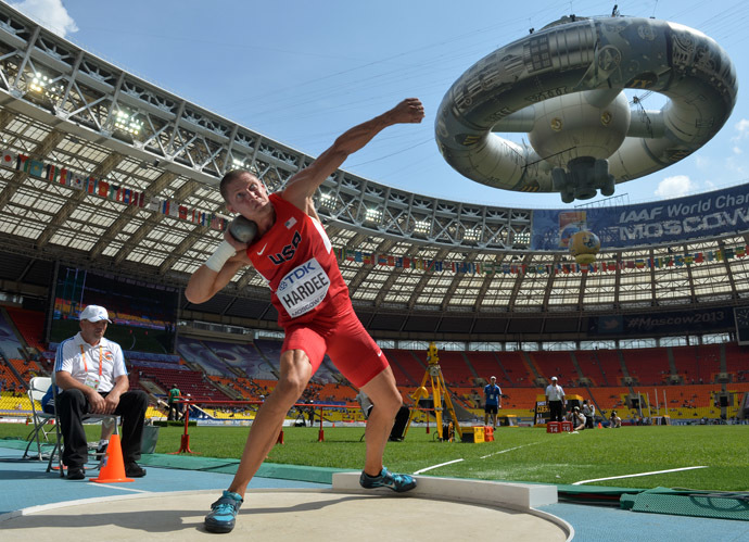 Trey Hardee (United States of America) during the qualifying round of the men's shot put at the World Athletics Championships in Moscow. (RIA Novosti/Iliya Pitalev)