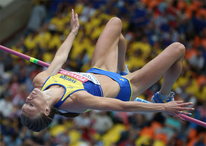 Sweden's Emma Green Tregaro competes during the women's high jump qualifications at the 2013 IAAF World Championships at the Luzhniki stadium in Moscow on August 15, 2013.(AFP Photo / Franck Fife)