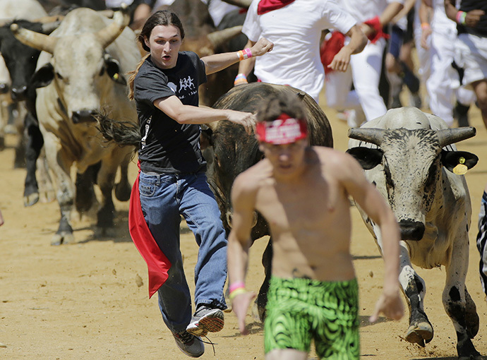 Participants run and dodge bulls in the Great Bull Run in Petersburg, Virginia August 24, 2013. (Reuters / Gary Cameron)