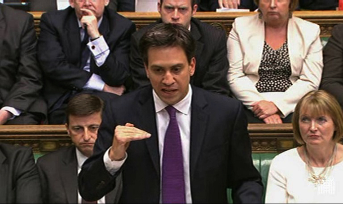 Leader of the of opposition Labour Party Ed Miliband speaking in the House of Commons during the parliamentary debate about a response to the situation in Syria in central London on August 29, 2013. (AFP Photo / PRU)
