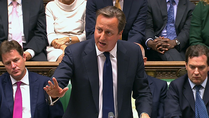 Britain's Prime Minister David Cameron is seen addressing the House of Commons in this still image taken from video in London August 29, 2013. (Reuters)