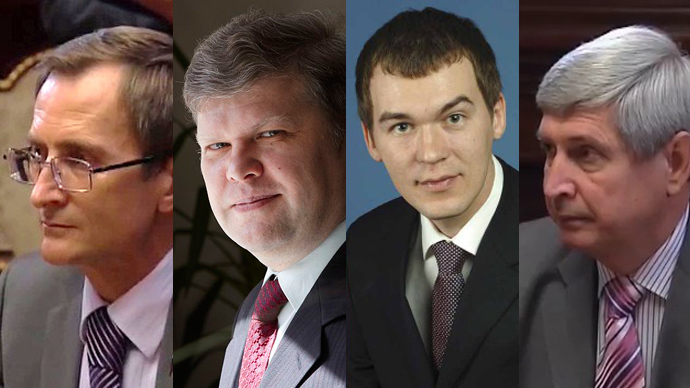 (L-R) Just Russiaâs Nikolay Levichev, Yabloko party chairman Sergey Mitrokhin, Liberal-Democrat Mikhail Degtyarev and Communist Ivan Melnikov