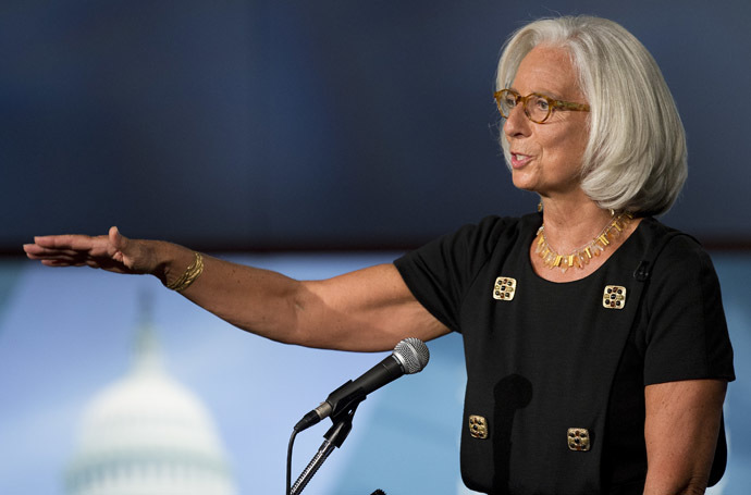 International Monetary Fund (IMF) Managing Director Christine Lagarde speaks on the global economy at George Washington University in Washington, DC, October 3, 2013. (AFP Photo/Jim Watson)
