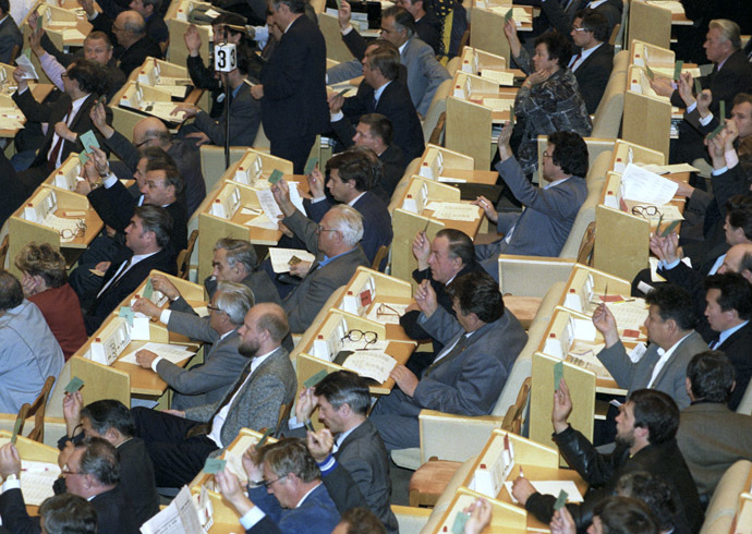 Constitutional Crisis of 1993. Opening the Extraordinary Congress of People's Deputies of Russia in the House of the Government of the Russian Federation dissolved by Decree 1400 of Russian President Boris Yeltsin. (RIA Novosti/Yuryi Abramochkin)