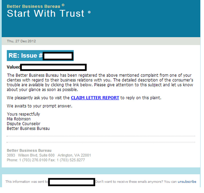 A sample fake letter that Blackhole would send to users to trick them into clicking on the link, which would initiate a malware download.