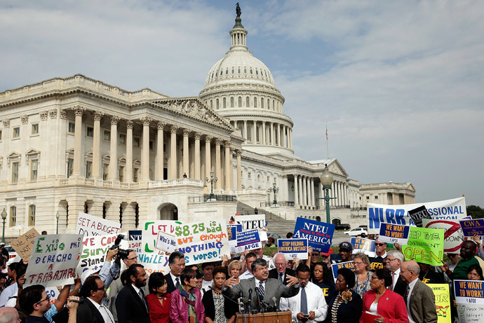 FL-CIO President Richard Trumka speaks during a protest held by furloughed federal workers outside the U.S. Capitol to demand an end to the lockout of federal workers caused by the government shutdown October 4, 2013 in Washington, DC. (Win McNamee/Getty Images/AFP)