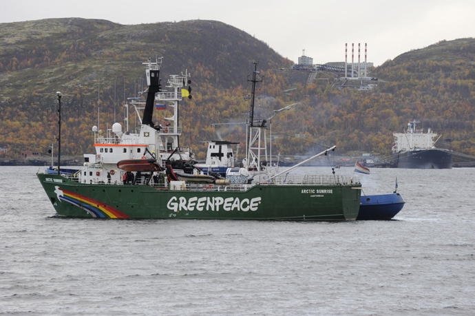 Greenpeace's ice class Arctic Sunrise detained by FSB during an action of protest at the Prirazlomnaya oil platform in the Kola Bay of the Perchora Sea (RIA Novosti / Sergey Eshenko)