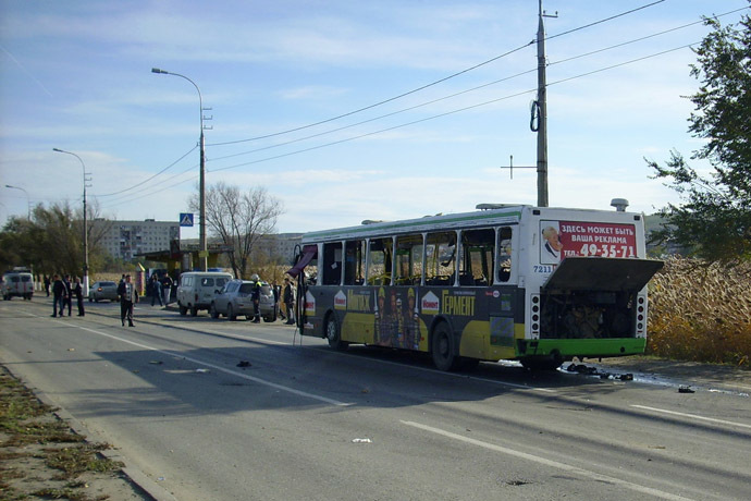The passenger bus where a bomb went off in Krasnoarmeisky District of Volgograd. (RIA Novosti / Press-service of Russian Emergen)