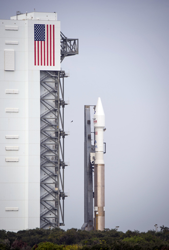 In this image released by NASA, the United Launch Alliance Atlas V rocket and NASAâs Mars Atmosphere and Volatile Evolution (MAVEN) spacecraft rolls out of the Cape Canaveral Air Force Station Space Launch Complex to the launch pad, on November 16, 2013, Cape Canaveral, Florida (AFP Photo)
