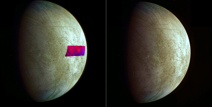 This image, using data from NASAâs Galileo mission, shows the first detection of clay-like minerals on the surface of Jupiterâs moon Europa. The clay-like minerals appear in blue in the false-color patch of data from Galileoâs Near-Infrared Mapping Spectrometer (Image by NASA/JPL-Caltech/SETI)