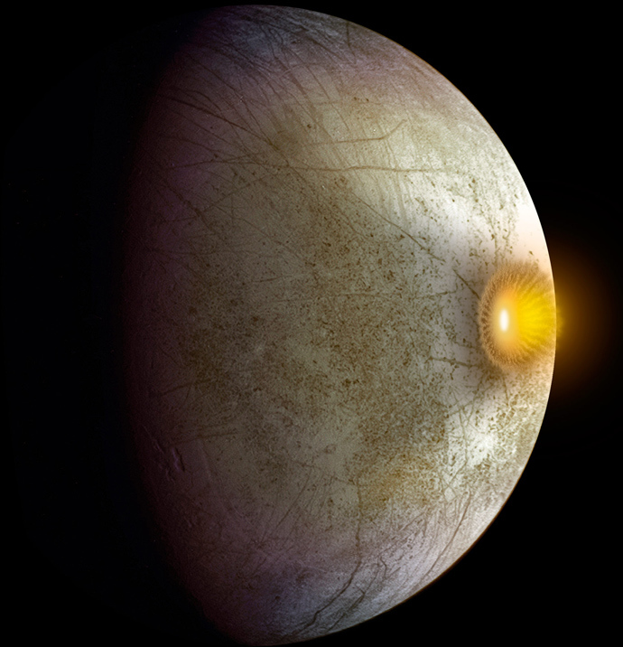 This artistâs concept shows a possible explosion resulting from a high-speed collision between a space rock and Jupiterâs moon Europa. Clay-type minerals have been found on Europaâs surface in a new analysis of data from NASAâs Galileo mission (Image by NASA/JPL-Caltech)