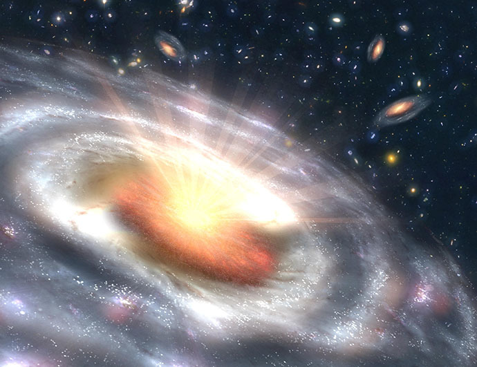 Artist concept of a growing black hole, or quasar, seen at the center of a faraway galaxy. (NASA/JPL-Caltech)