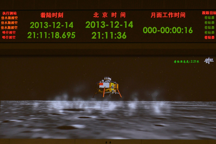 A photograph taken on a giant screen at the Beijing Aerospace Control Center in Beijing shows an animated image of the Chang'e-3 lunar probe landing onto the surface of the moon, December 14, 2013. (Reuters / Stringer)