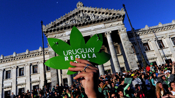 People take part in a demo for the legalization of marijuana in front of the Legislative Palace in Montevideo, on December 10, 2013, as the Senate discusses a law on the legalization of marijuana's cultivation and consumption. (AFP Photo / Pablo Porciuncula)