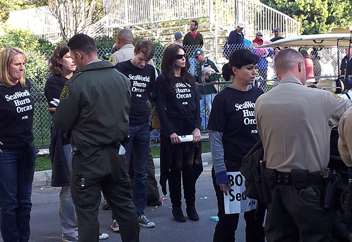 Protesters, including PETA Executive Vice President Tracy Reiman and Senior Vice President Lisa Lange, are arrested while demonstrating against SeaWorld at the Rose Parade. (Image from peta.org)