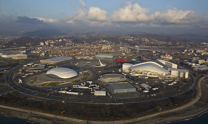 An aerial view from a helicopter shows the Olympic Park under construction in the Adler district of the Black Sea resort city of Sochi (Reuters / Maxim Shemetov)