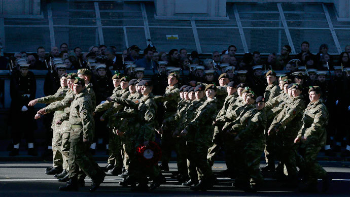 Soldiers march in a procession past the Cenotaph during the annual Remembrance Sunday ceremony in London.(Reuters / Suzanne Plunkett)