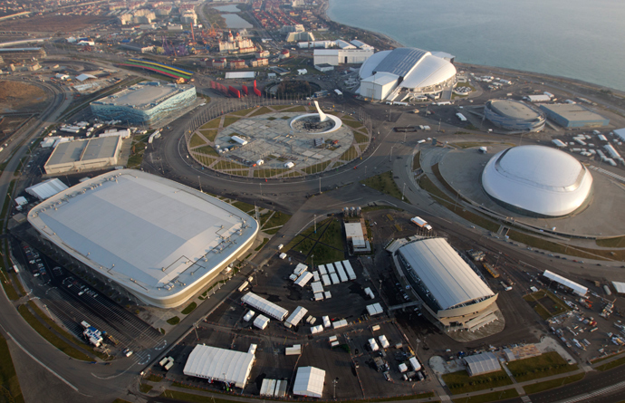 An aerial view from a helicopter shows the Olympic Park under construction in the Adler district of the Black Sea resort city of Sochi (Reuters / Maxim Shemetov)