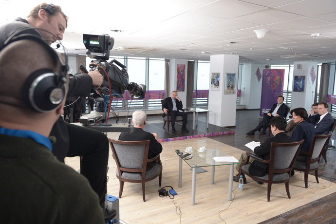 Russian President Vladimir Putin gives an interview to Channel One, Rossiya-1, ABC News, BBC, CCTV, and Around the Rings in Sochi.(RIA Novosti / Aleksey Nikolskyi)