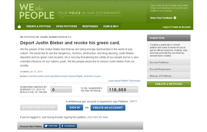 screenshot from https://petitions.whitehouse.gov